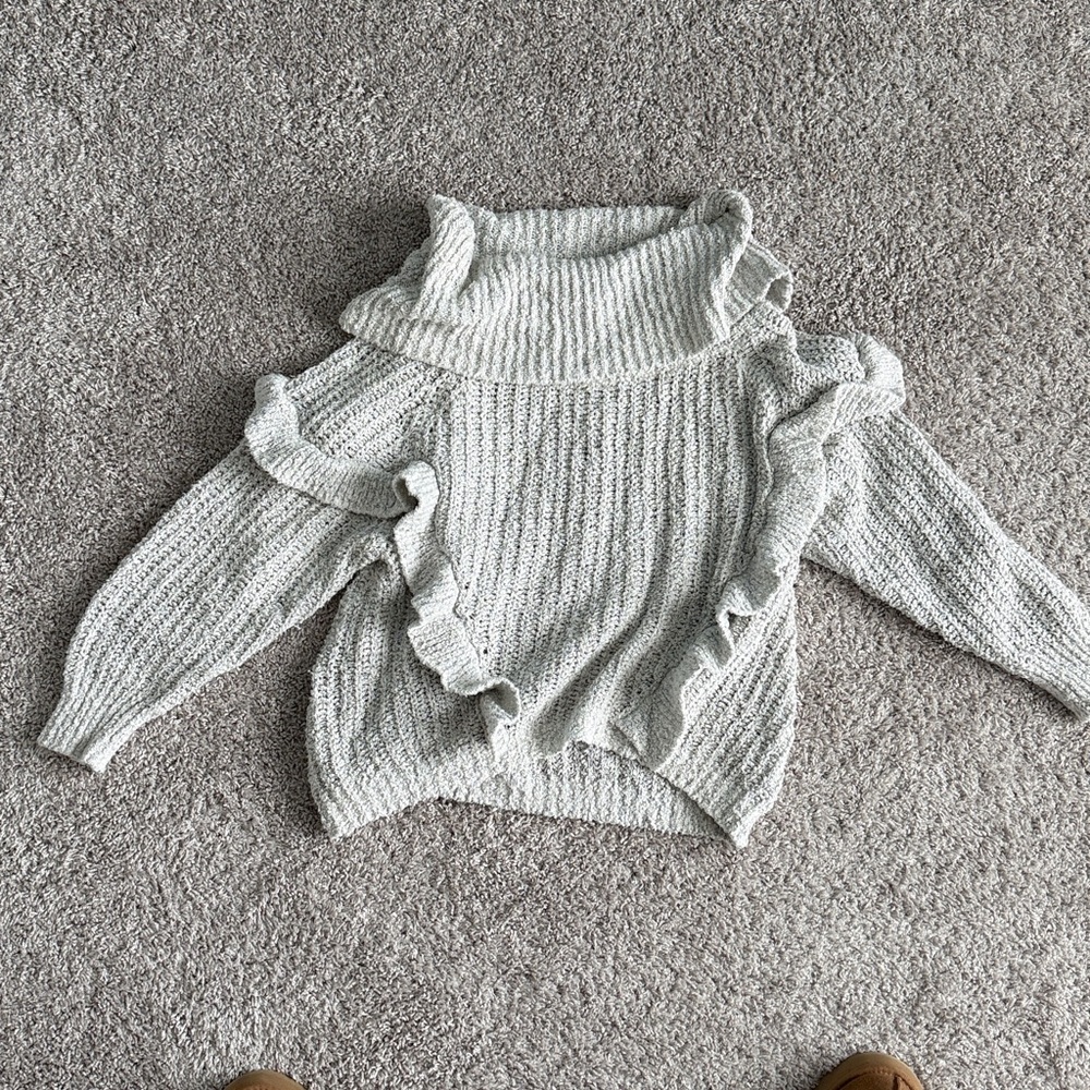 Express Ruffle Knit Wide-Neck Off-the-Shoulder Sweater in Light Grey